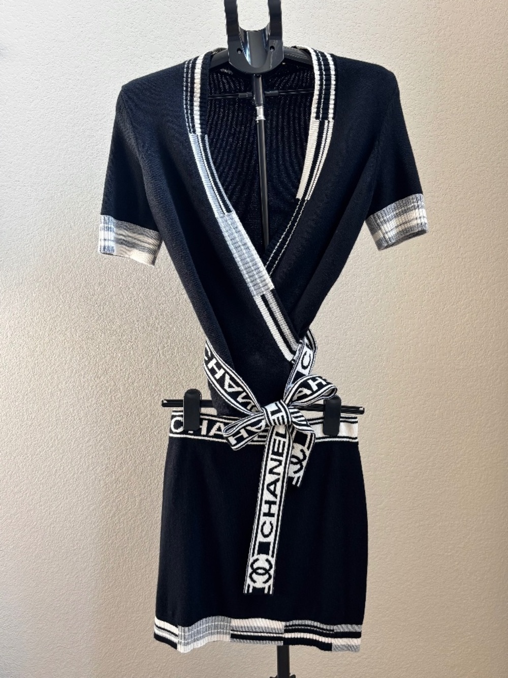CHANEL Logo Knit Wrap Top & Skirt Set Black Ivory Gray